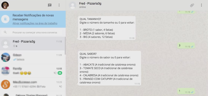 Os pedidos pelo WhatsApp têm funcionamento semelhante ao serviço telefônico (Foto: Reprodução) Os pedidos pelo WhatsApp têm funcionamento semelhante ao serviço telefônico (Foto: Reprodução)