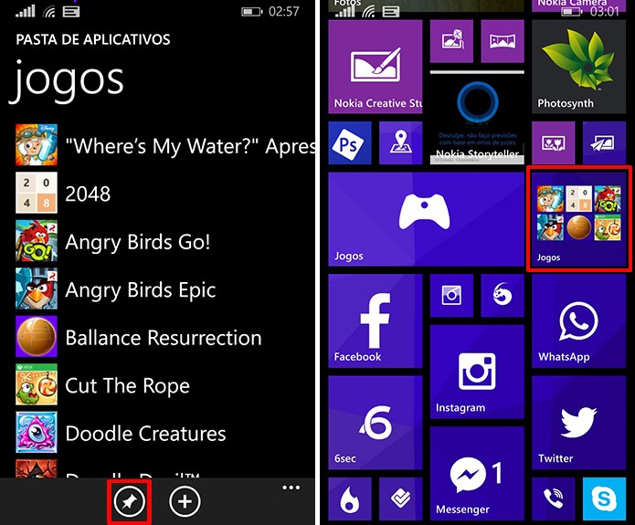 Toque no botão de alfinete para fixar sua pasta de aplicativos na tela inicial do Windows Phone (Foto: Reprodução/Elson de Souza)