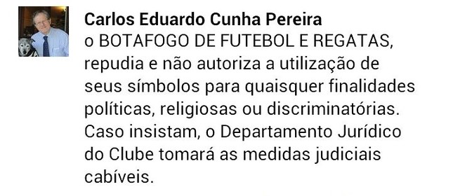 Post do presidente do Botafogo no Facebook
