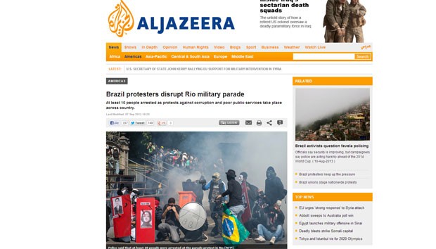 AlJazeera publicou reportagem sobre protestos no Brasil (Foto: Reprodução/AlJazeera)
