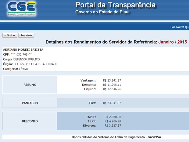 Contracheque do defensor Adriano Moreti (Foto: Reprodução/folha.transparencia.pi.gov.br/)