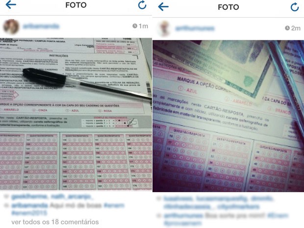 Fotos de cartões de resposta do Enem foram postadas no início da tarde deste sábado (Foto: Reprodução/Instagram)