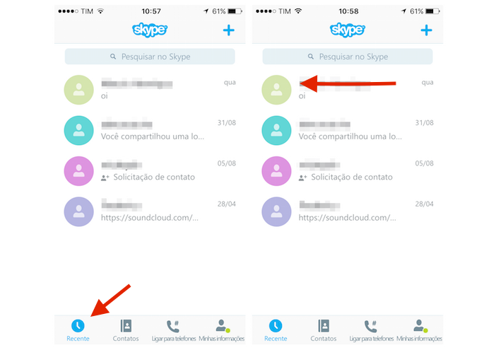 Acessando as opções rápidas para um chat do Skype no iPhone (Foto: Reprodução/Marvin Costa)