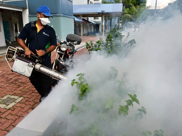 Funcionário da prefeitura solta fumacê de controle preventivo contra o mosquito Aedes aegypti na área de Bedok Norte, em Cingapura. Há preocupação no país quanto a um possível surto do vírus Zika (Foto: Roslan Rahman/AFP)