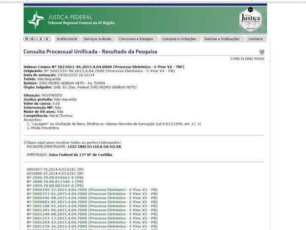 Página da Justiça Federal da 4ª Região mostra o pedido de habeas corpus em favor de Lula (Foto: Reprodução/Internet)