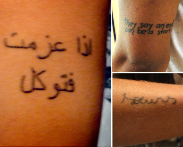 À esquerda, tatuagem secreta em árabe. Em seguida, duas das oito tatuagens de Antônia. Acima,  (Foto: Vídeo Show / TV Globo)