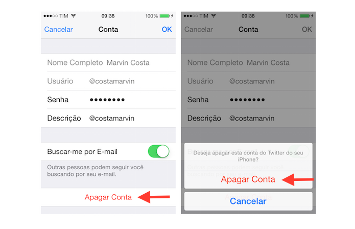 Excluindo uma conta do Twitter do iPhone (Foto: Reprodução/Marvin Costa)