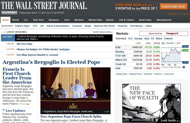 Jornal dos EUA focado em economia "Wall Street Journal" destaca que argentino é o primeiro jesuíta a ser eleito Papa (Foto: Reprodução)