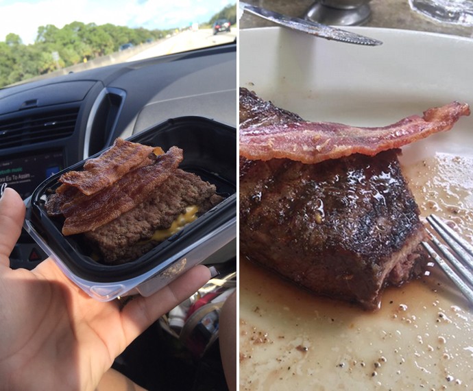 Sue mostra seu café da manhã: carne, bacon e queijo (Foto: Arquivo Pessoal)