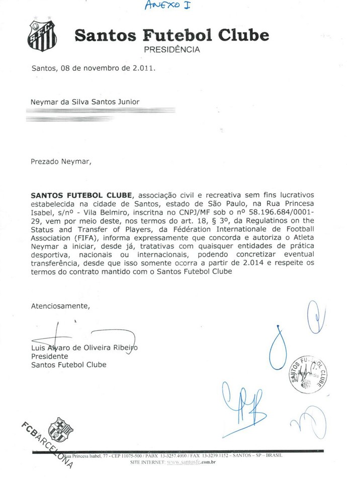Neymar documento Santos (Foto: Reprodução/Twitter)