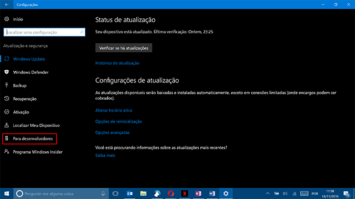 Selecione a opção Para desenvolvedores para habilitar a instalação do Paint 3D no Widnows 10 (Foto: Reprodução/Elson de Souza)