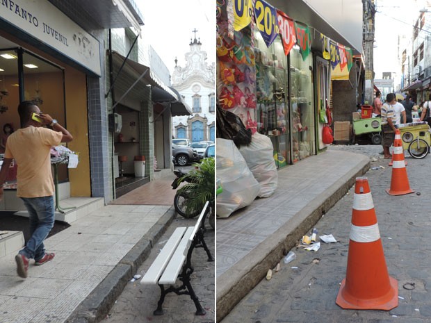 Banco colocado em frente à loja na Rua São José do Ribamar; cones impendem estacionamento na Rua de Santa Ria (Foto: Luna Markman/G1)
