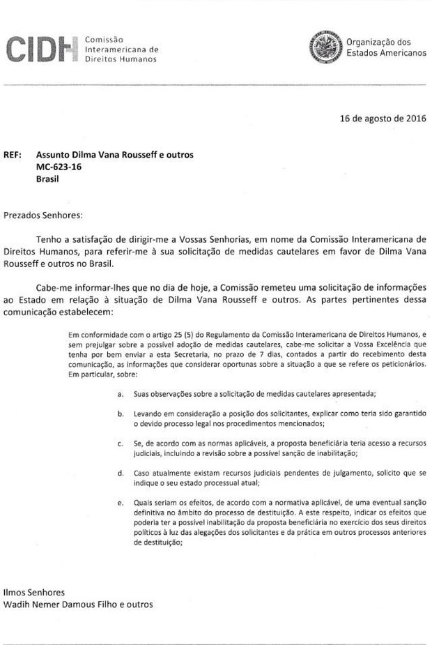 Cópia da mensagem enviada pela OEA aos deputados que acionaram a entidade contra processo de impeachment de Dilma (Foto: Reprodução)