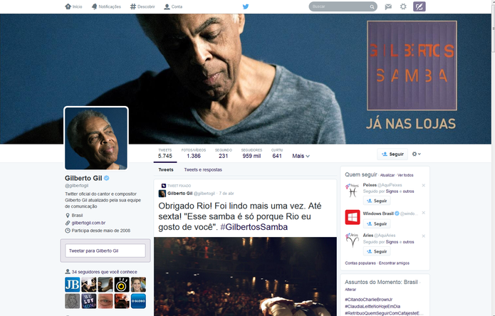Gilberto Gil foi um dos escolhidos para testar o novo template do Twitter (Foto: Reprodução/Twitter)