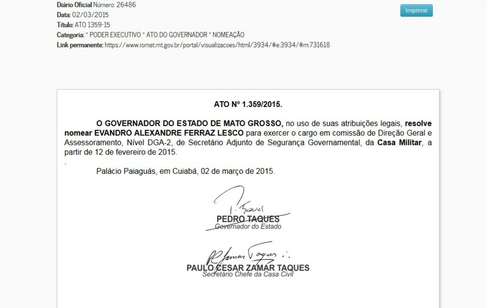 Ato de nomeao de Lesco na Casa Militar foi publicado no Dirio Oficial do Estado no dia 2 de maro de 2015 (Foto: Reproduo/ DOE-MT)