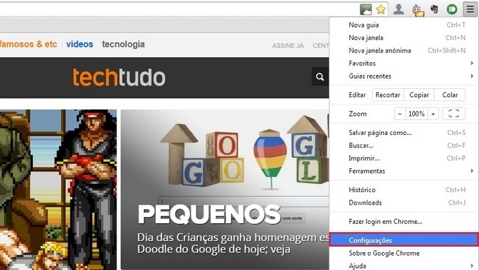 Destaque para a opção de configurações no menu do Chrome (Foto: Reprodução/Raquel Freire)