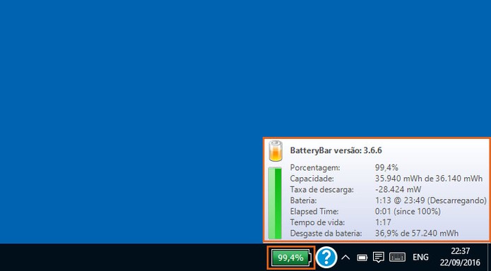Ícone muda de cor quando o notebook está usando a bateria e mostra informações completas da carga (Foto: Reprodução/Barbara Mannara)