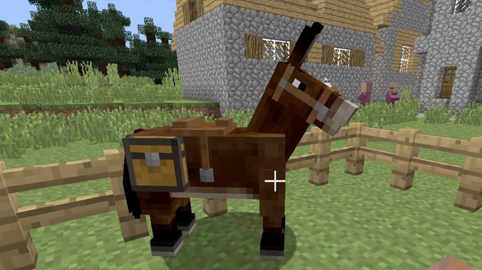 Coloque um baú em sua mula e ele irá automaticamente se transformar em uma sacola em Minecraft (Foto: Reprodução/Rafael Monteiro)