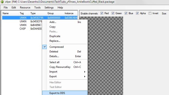 Clique com o botão direito na parte que deseja recolorir e selecione Export do DDS (Foto: Reprodução/Tais Carvalho)