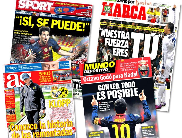 montagem jornais Espanha Liga dos Campeões Barcelona Real Madrid (Foto: Editoria de Arte)