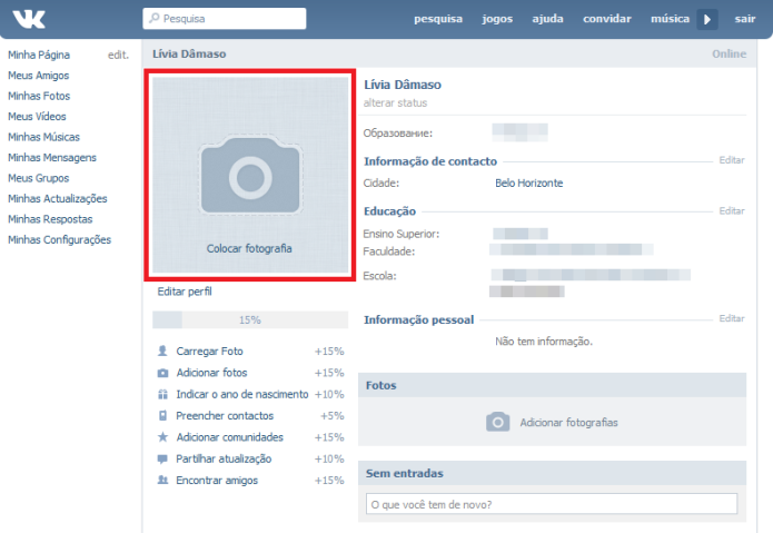 Carregando uma foto para o perfil do VK (Foto: Reprodução/Lívia Dâmaso)