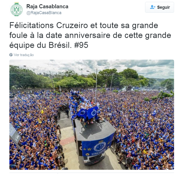 Raja Casablanca parabenizou Cruzeiro pelo aniversário de 95 anos (Foto: Reprodução/Twitter)