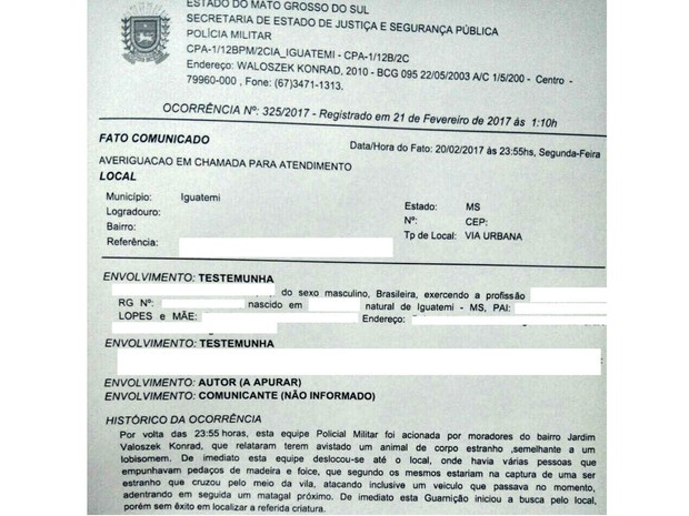Boletim de ocorrência registrado por moradores, que afirmam ter visto o lobisomem (Foto: Polícia Civil/Divulgação)