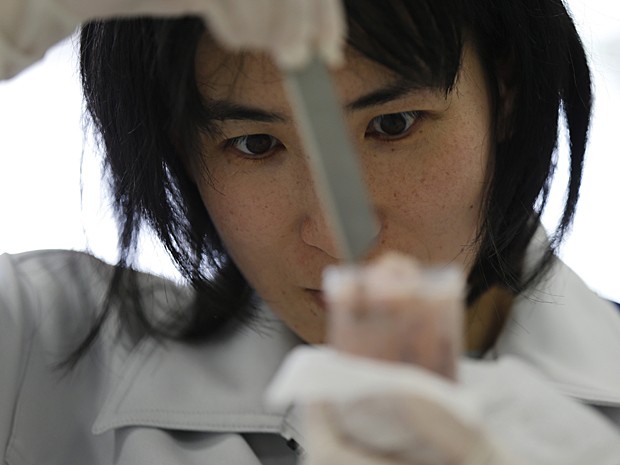 Funcionária de laboratório coloca peixe em recipiente plástico para análise de césio (Foto: Issei Kato/Reuters)