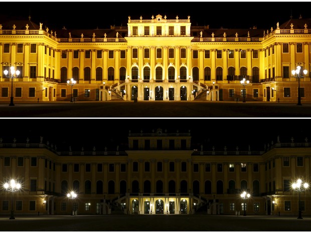 Combinação de fotos mostra o Palácio Schoenbrunn antes (em cima) e depois que as luzes foram desligadas na Hora do Planeta em Viena, na Áustria (Foto: Leonhard Foeger/Reuters)