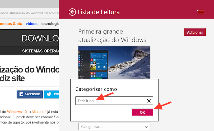 Criando uma nova categoria de páginas salvas na lista de leitura do Windows 10 (Foto: Reprodução/Marvin Costa)