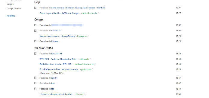 Histórico de buscas feito pelo internauta no Google organizado por dia e hora (Foto: Reprodução/Lívia Dâmaso)