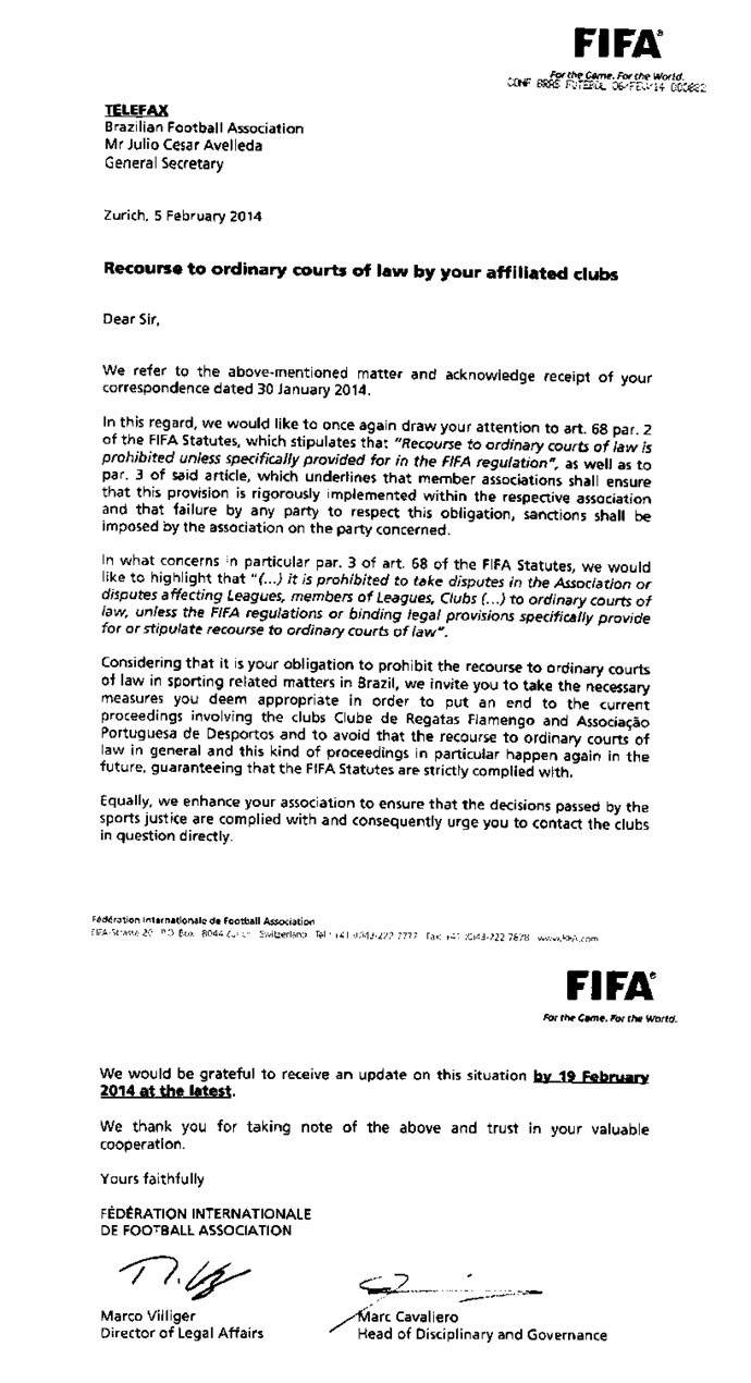 carta da CBF para fifa por conta do caso da Portuguesa (Foto: FIFA)