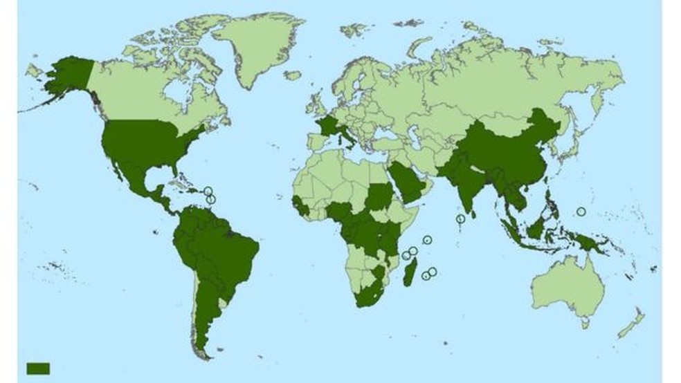 Países e territórios onde casos de chikungunya foram reportados (em verde escuro) (Foto: HOSPITAL FOR TROPICAL DISEASES)