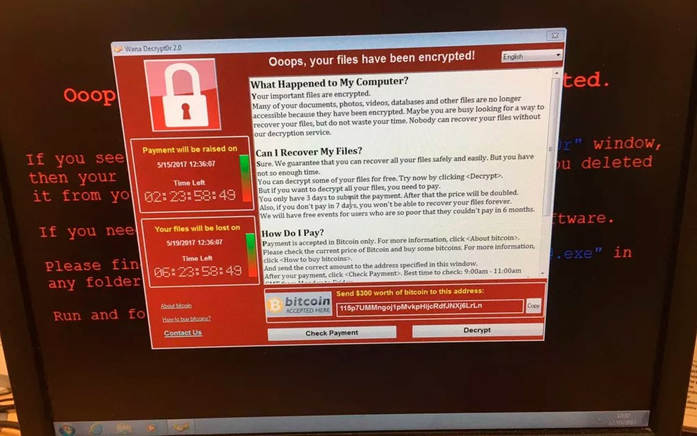 Computador 'sequestrado' em ciberataque (Foto: Reprodução/Twitter)