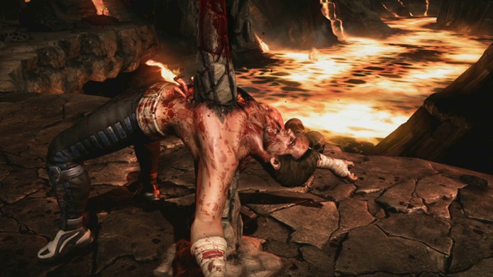 Johnny Cage é escolhido o alvo novamente de um Brutality de Tremor, perfurando-o com uma estalagmite (Foto: Reprodução/Event Hubs)