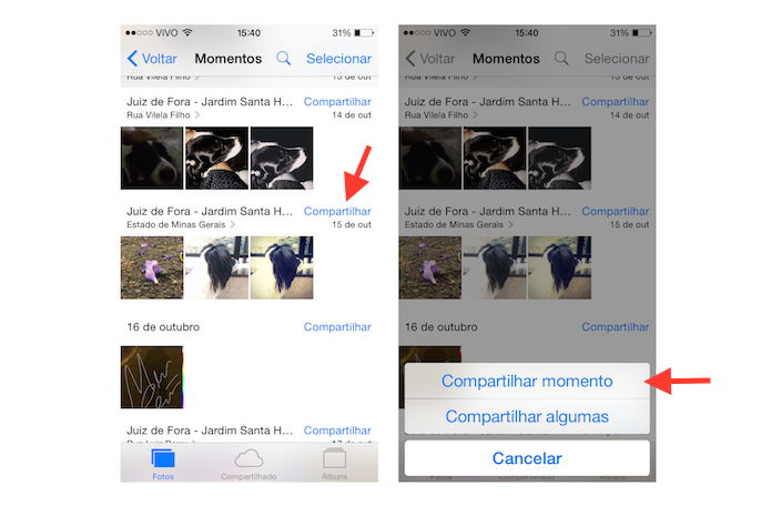 Iniciando o compartilhamento de fotos na visualização momentos do iOS (Foto: Reprodução/Marvin Costa)