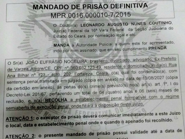 Mandado de prisão contra ex-prefeito de Várzea Alegre foi cumprido em Fortaleza (Foto: Reprodução)