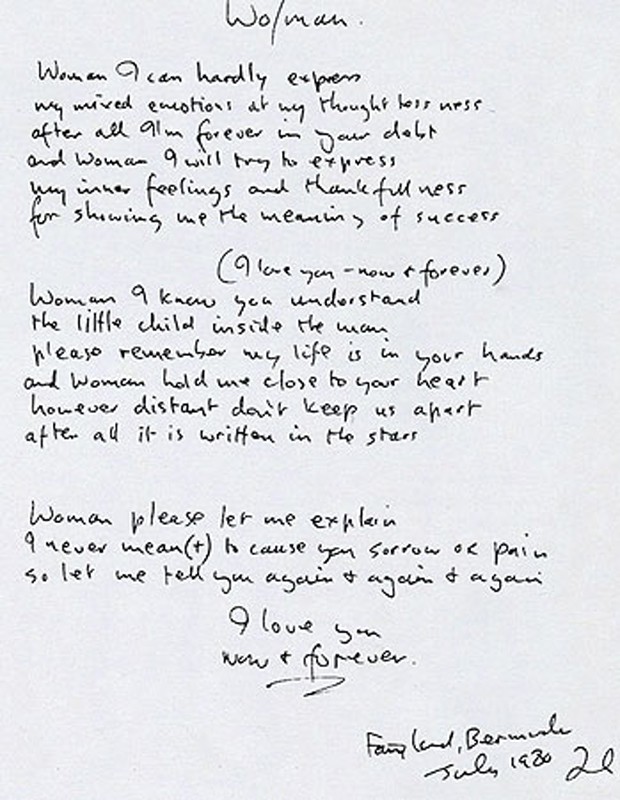 Manuscrito de 'Woman', uma das canções do ex-Beatle (Foto: Reprodução) Manuscrito de 'Woman', uma das canções do ex-Beatle (Foto: Reprodução)