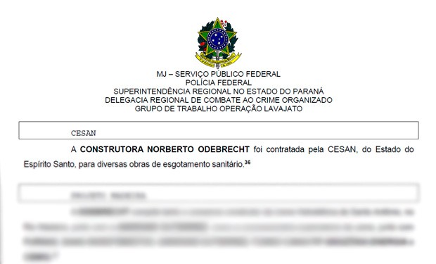 Obra da Cesan é citada em lista de propinas da Odebrecht (Foto: Reprodução/ Documento da PF)