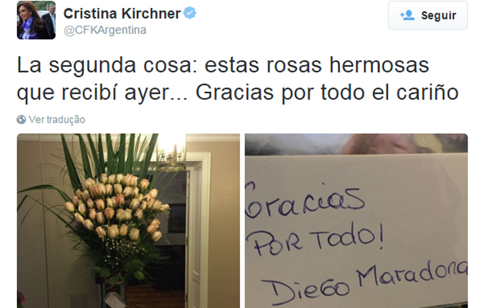 Cristina Kirchner publicou no Twitter fotos das flores e bilhete recebidos de Diego Maradona (Foto: Reprodução/Twitter/Cristina Kirchner)