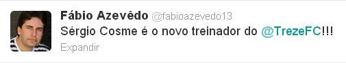 Fábio Azevedo anuncia novo técnico do Treze (Foto: Reprodução / Twitter)