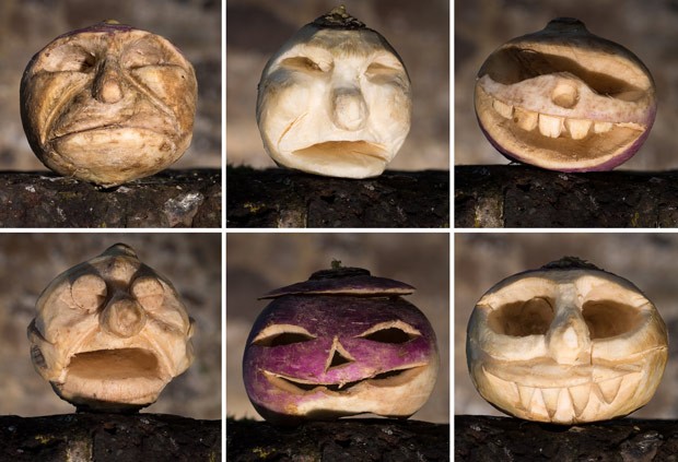 Segundo tradição, britânicos devem esculpir nabos, em vez de usar abóboras para o Halloween (Foto: Christopher Ison/ English Heritage/AFP) Segundo tradição, britânicos devem esculpir nabos, em vez de usar abóboras para o Halloween (Foto: Christopher Ison/ English Heritage/AFP)