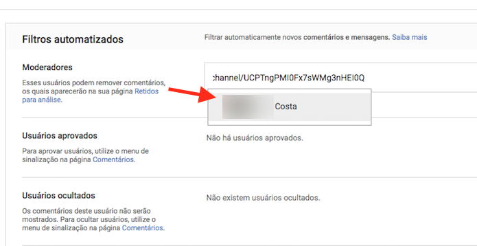 Local para colar a URL do canal da pessoa que será moderadora de comentários (Foto: Reprodução/Marvin Costa)
