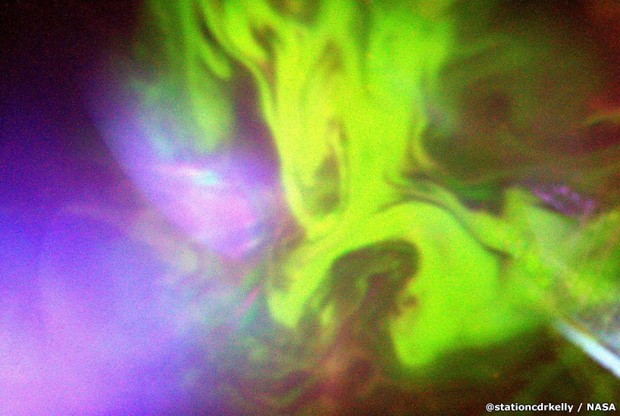 Ele comemorou o Halloween com outra foto espetacular do espetáculo de uma aurora. 'Face sinistra da aurora, e outras cenas assustadoras da Estação Espacial do meu ano no espaço chegando até você. Feliz Halloween' (Foto: Scott Kelly/Nasa)