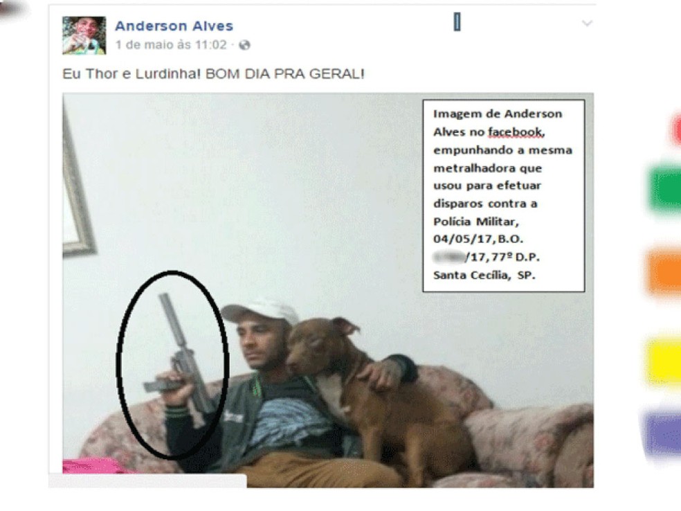 Polícia encontrou foto postada por Anderson Alves em seu Facebook ostentando submetralhadora e pitbull; foto integra documento do Denarc (Foto: Reprodução/Polícia Civil)