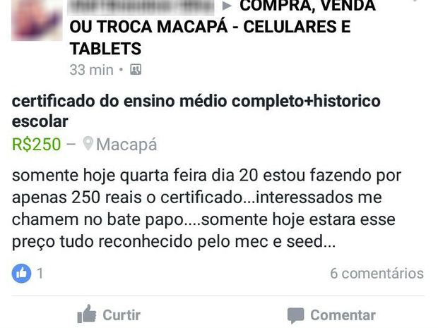 denuncia, venda de certificados, hitórico, ensino médio, Amapá, Macapá, VC  no G1  (Foto: Reprodução/ Facebook)
