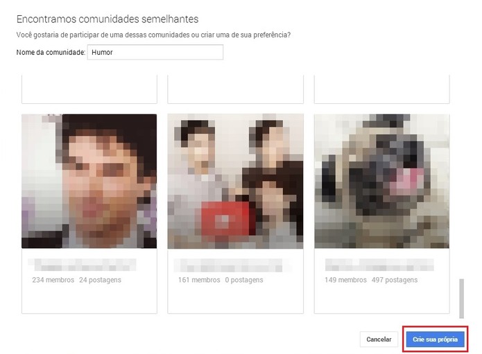 Pule a sugestão de comunidades já existentes e confirme a criação no botão “Crie a sua própria” (Foto: Reprodução/Paulo Figueiredo) Pule a sugestão de comunidades já existentes e confirme a criação no botão “Crie a sua própria” (Foto: Reprodução/Paulo Figueiredo)