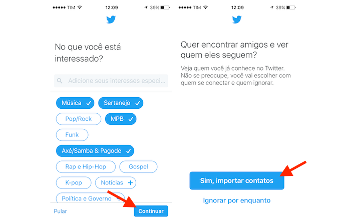 Definindo assuntos de interesse e importando contatos do celular para uma nova conta do Twitter configurada através do celular (Foto: Reprodução/Marvin Costa) (Foto: Definindo assuntos de interesse e importando contatos do celular para uma nova conta do Twitter configurada através do celular (Foto: Reprodução/Marvin Costa)) Definindo assuntos de interesse e importando contatos do celular para uma nova conta do Twitter configurada através do celular (Foto: Reprodução/Marvin Costa) (Foto: Definindo assuntos de interesse e importando contatos do celular para uma nova conta do Twitter configurada através do celular (Foto: Reprodução/Marvin Costa))