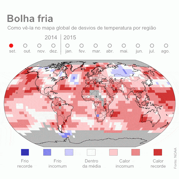 Sequência de mapas climáticos mostra persistência do frio no Atlântico Norte (Foto: NOAA)