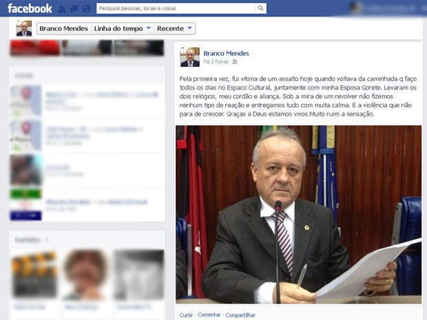 Deputado paraibano relatou assalto em rede social (Foto: Reprodução/Facebook)